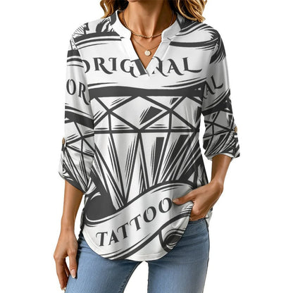 Stand-up Collar Long-sleeved Shirt Roses, Diamonds  Customization Women’s V-Neck Blouses,long Sleeve,Roll-Up Sleeve Shirt