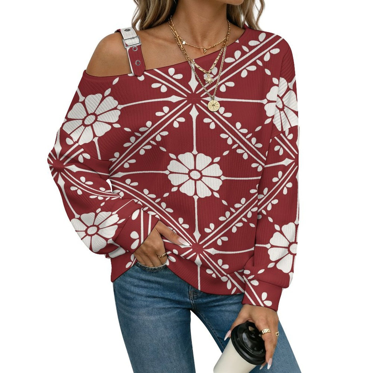 Off-the-shoulder Sweater Pattern  Asymmetric Cold Shoulder Knit Sweater for Women, Adjustable Buckle Strap Long Sleeve Casual Slouchy Pullover