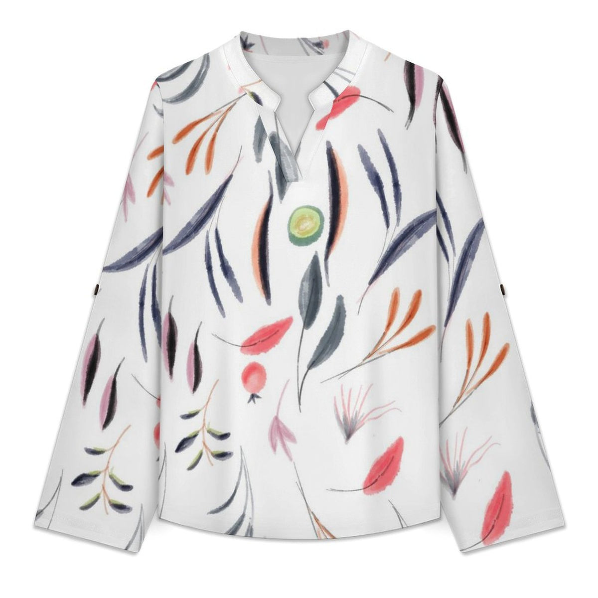 Stand-up Collar Long-sleeved Shirt Plants, Leaves  Customization Women’s V-Neck Blouses,long Sleeve,Roll-Up Sleeve Shirt