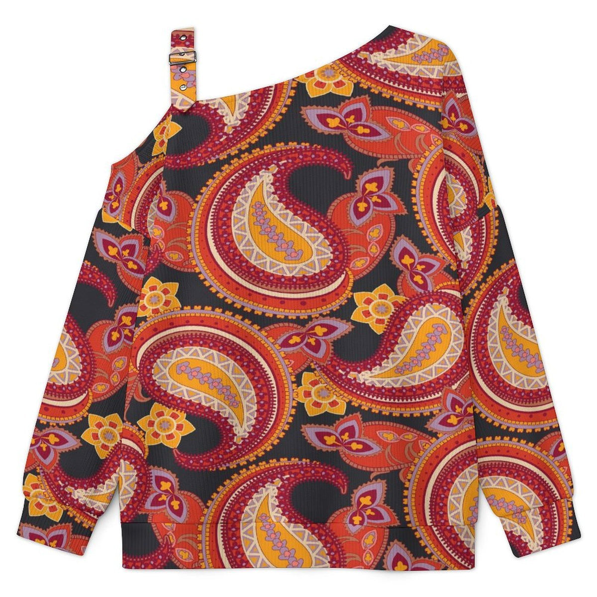 Off-the-shoulder Sweater Paisley Pattern  Asymmetric Cold Shoulder Knit Sweater for Women, Adjustable Buckle Strap Long Sleeve Casual Slouchy Pullover