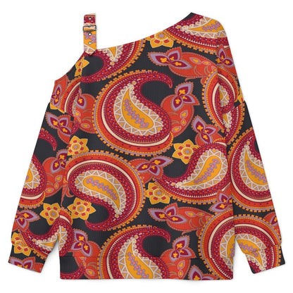 Off-the-shoulder Sweater Paisley Pattern  Asymmetric Cold Shoulder Knit Sweater for Women, Adjustable Buckle Strap Long Sleeve Casual Slouchy Pullover