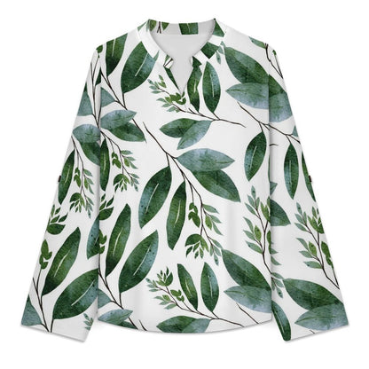 Stand-up Collar Long-sleeved Shirt Plant Pattern Green  Customization Women’s V-Neck Blouses,long Sleeve,Roll-Up Sleeve Shirt