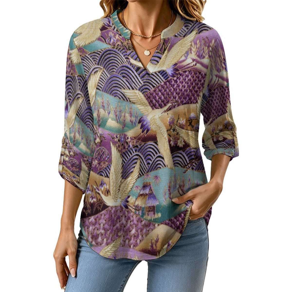 Chinese Style, Embroidery, Egret  Versatile Notched V-Neck Tunic | Roll Tab 3/4 Sleeve Office Casual Top