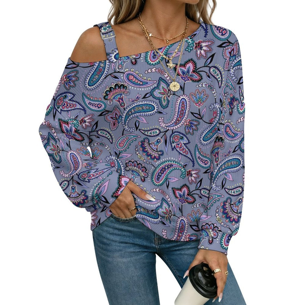 Fall Casual Asymmetric Shoulder Knit Top with Buckle Detail Paisley