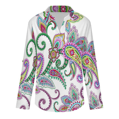 Paisley  Women Curved Hem V Neck Roll Sleeve Casual Work Top