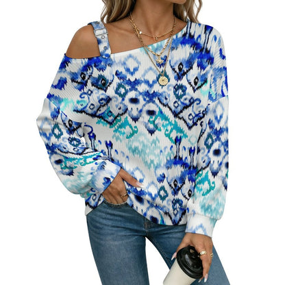 Off-the-shoulder Sweater European Retro Pattern  Asymmetric Cold Shoulder Knit Sweater for Women, Adjustable Buckle Strap Long Sleeve Casual Slouchy Pullover