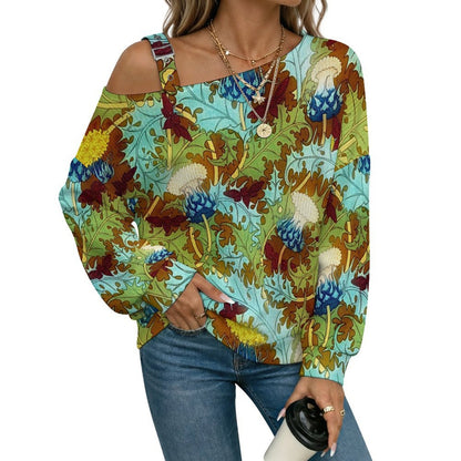 Vintage Flower Pattern Buckle Strap Asymmetrical Off Shoulder Knit Sweater