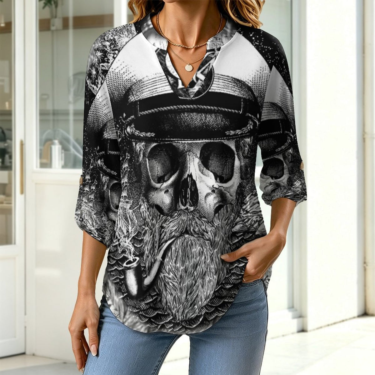 Stand-up Collar Long-sleeved Shirt Pirate Captain Skull  Customization Women’s V-Neck Blouses,long Sleeve,Roll-Up Sleeve Shirt