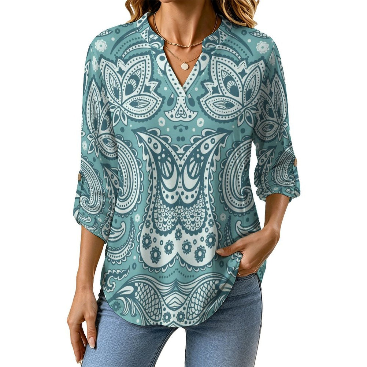 Stand-up Collar Long-sleeved Shirt Paisley  Customization Women’s V-Neck Blouses,long Sleeve,Roll-Up Sleeve Shirt