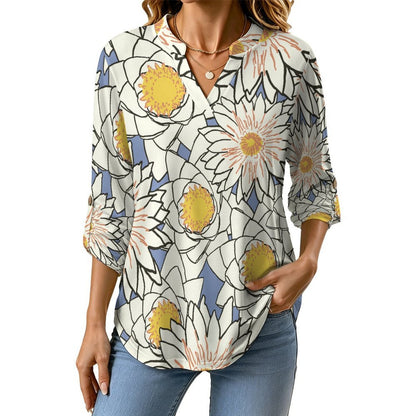 Stand-up Collar Long-sleeved Shirt Flowers  Customization Women’s V-Neck Blouses,long Sleeve,Roll-Up Sleeve Shirt