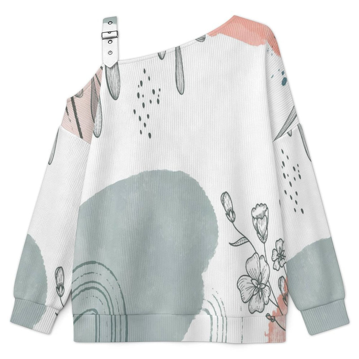 Off-the-shoulder Sweater Ink Painting, Flowers, Leaves  Asymmetric Cold Shoulder Knit Sweater for Women, Adjustable Buckle Strap Long Sleeve Casual Slouchy Pullover