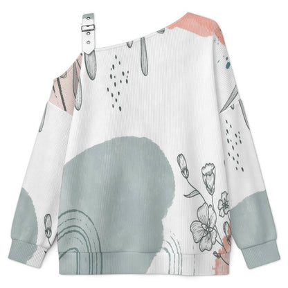 Off-the-shoulder Sweater Ink Painting, Flowers, Leaves  Asymmetric Cold Shoulder Knit Sweater for Women, Adjustable Buckle Strap Long Sleeve Casual Slouchy Pullover