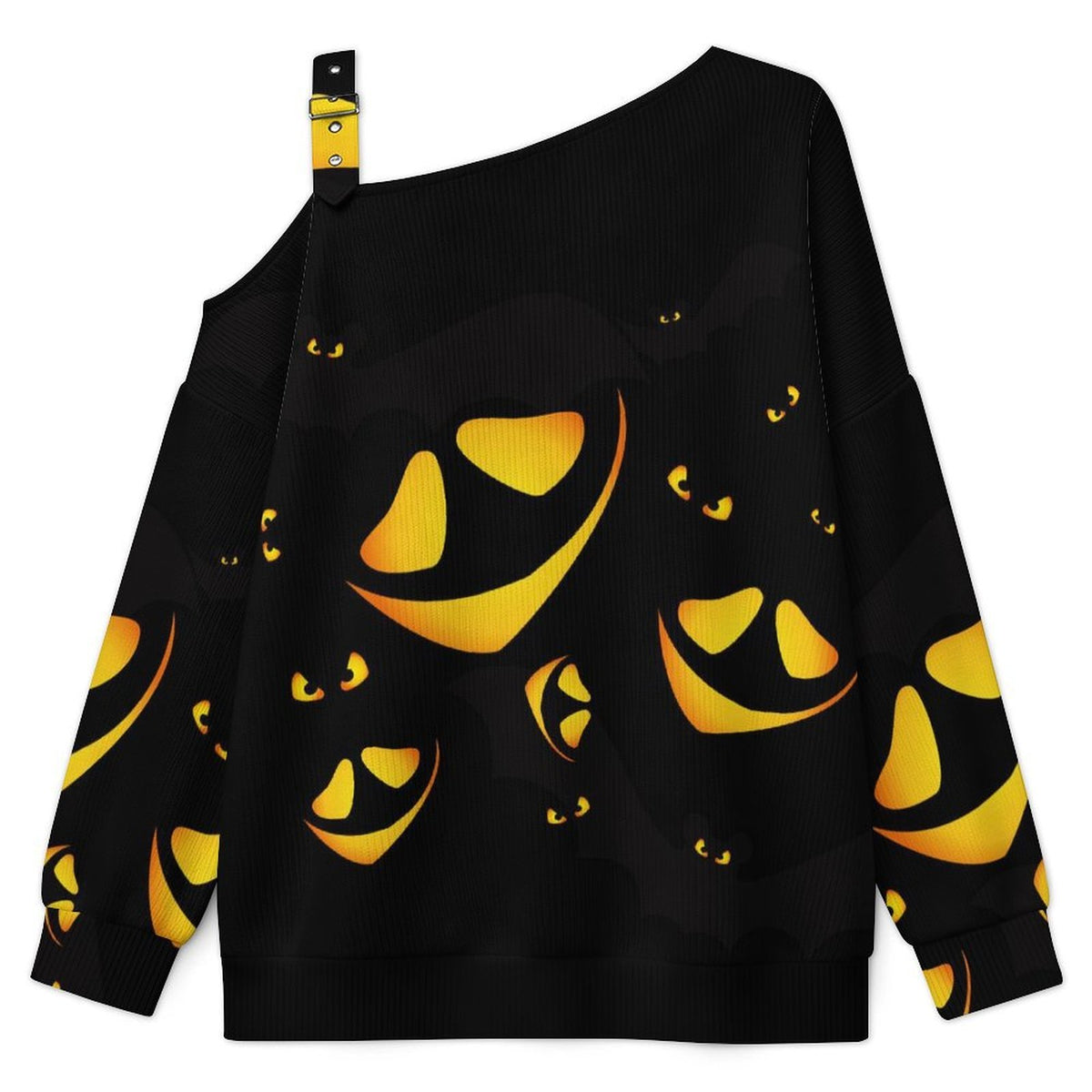Off-the-shoulder Sweater Halloween, Eyes in The Dark  Asymmetric Cold Shoulder Knit Sweater for Women, Adjustable Buckle Strap Long Sleeve Casual Slouchy Pullover