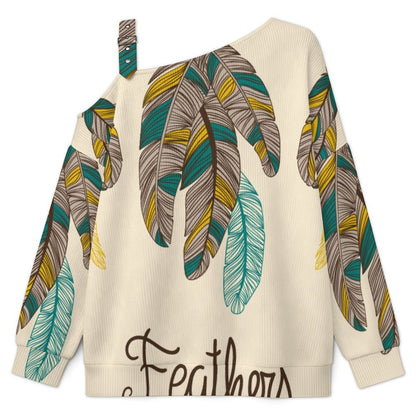 Off-the-shoulder Sweater Feathers  Asymmetric Cold Shoulder Knit Sweater for Women, Adjustable Buckle Strap Long Sleeve Casual Slouchy Pullover