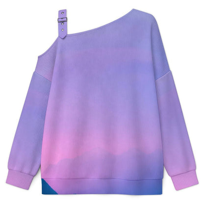 Off-the-shoulder Sweater Mist in The Mountains  Asymmetric Cold Shoulder Knit Sweater for Women, Adjustable Buckle Strap Long Sleeve Casual Slouchy Pullover