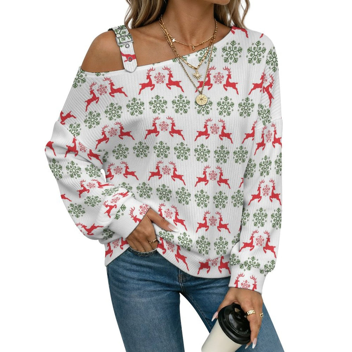Off-the-shoulder Sweater Christmas-snowflake-reindeer-red-green-tiled-repeat  Asymmetric Cold Shoulder Knit Sweater for Women, Adjustable Buckle Strap Long Sleeve Casual Slouchy Pullover