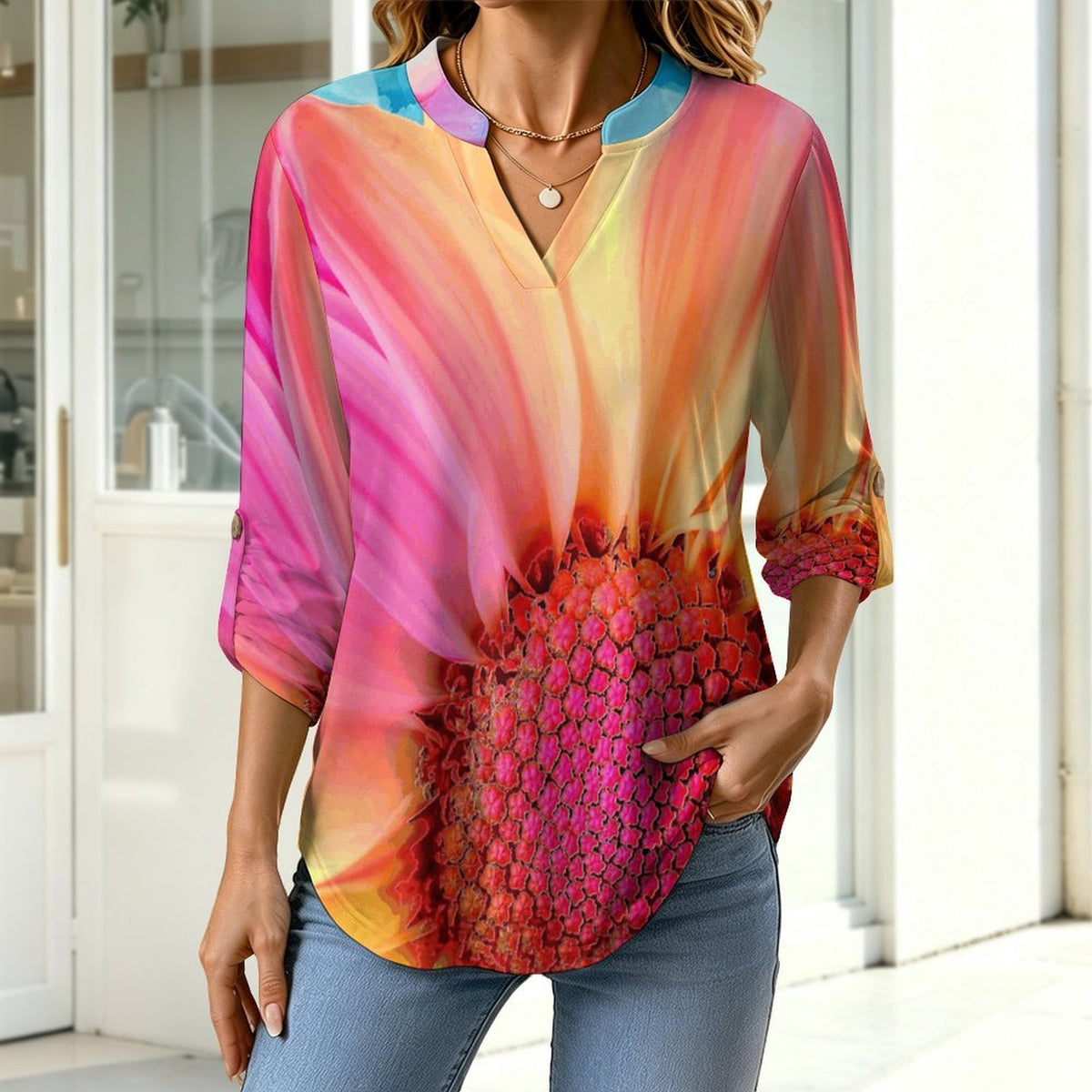 Stand-up Collar Long-sleeved Shirt Color Sunflower  Customization Women’s V-Neck Blouses,long Sleeve,Roll-Up Sleeve Shirt