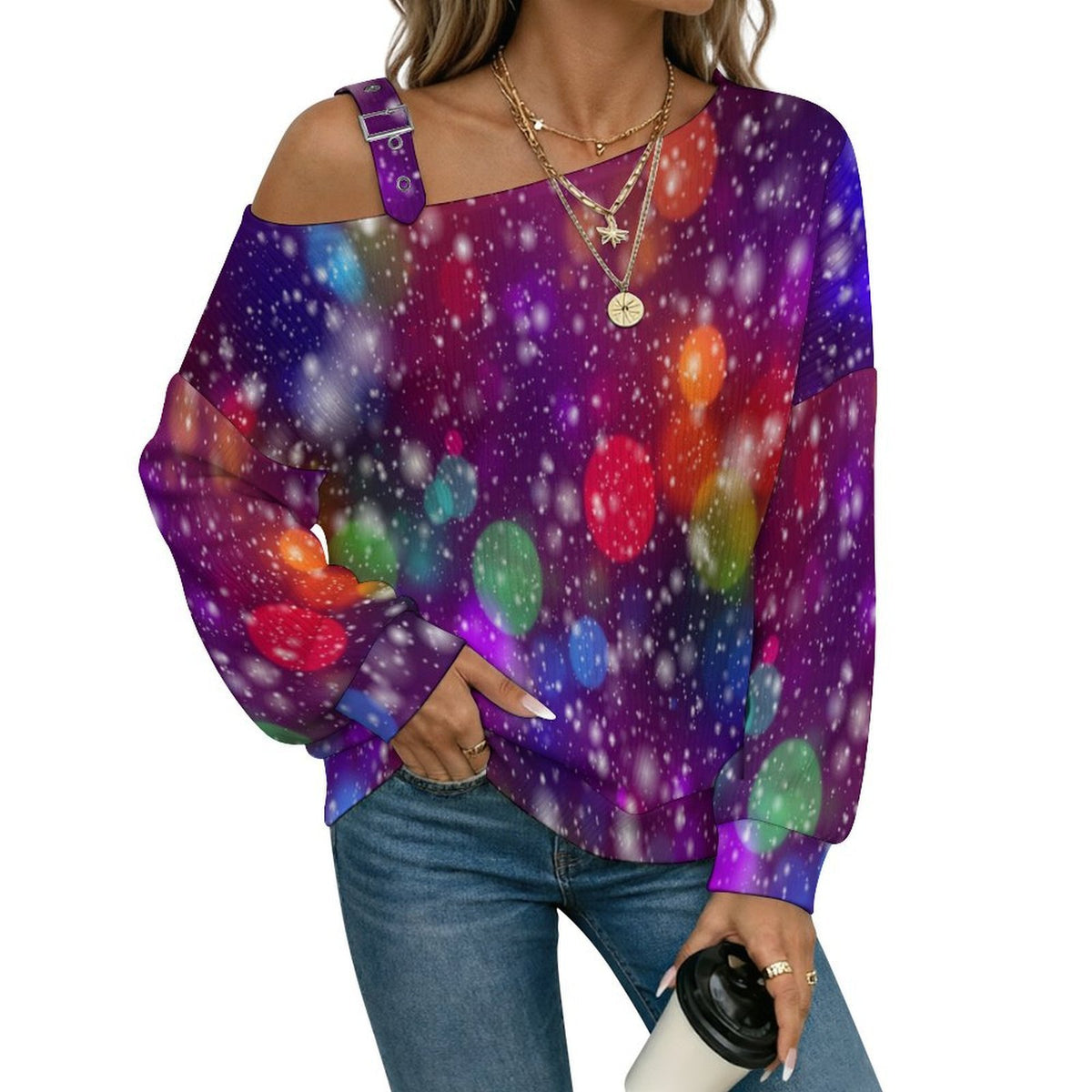 Off-the-shoulder Sweater Colorful Circle  Asymmetric Cold Shoulder Knit Sweater for Women, Adjustable Buckle Strap Long Sleeve Casual Slouchy Pullover