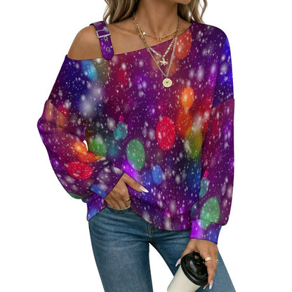 Off-the-shoulder Sweater Colorful Circle  Asymmetric Cold Shoulder Knit Sweater for Women, Adjustable Buckle Strap Long Sleeve Casual Slouchy Pullover