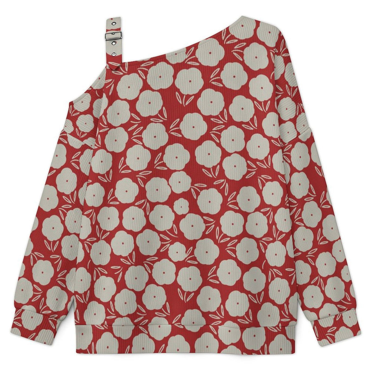 Off-the-shoulder Sweater Flower--white-repeat-red  Asymmetric Cold Shoulder Knit Sweater for Women, Adjustable Buckle Strap Long Sleeve Casual Slouchy Pullover