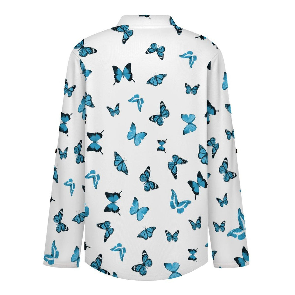 Repeating Pattern, Butterfly, Blue Roll Tab 3/4 Sleeve Notched V Neck Tunic Blouse
