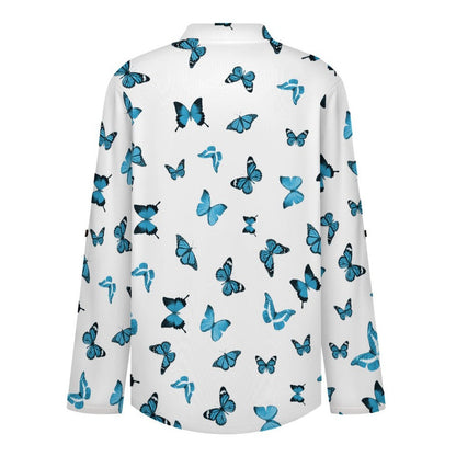 Repeating Pattern, Butterfly, Blue Roll Tab 3/4 Sleeve Notched V Neck Tunic Blouse