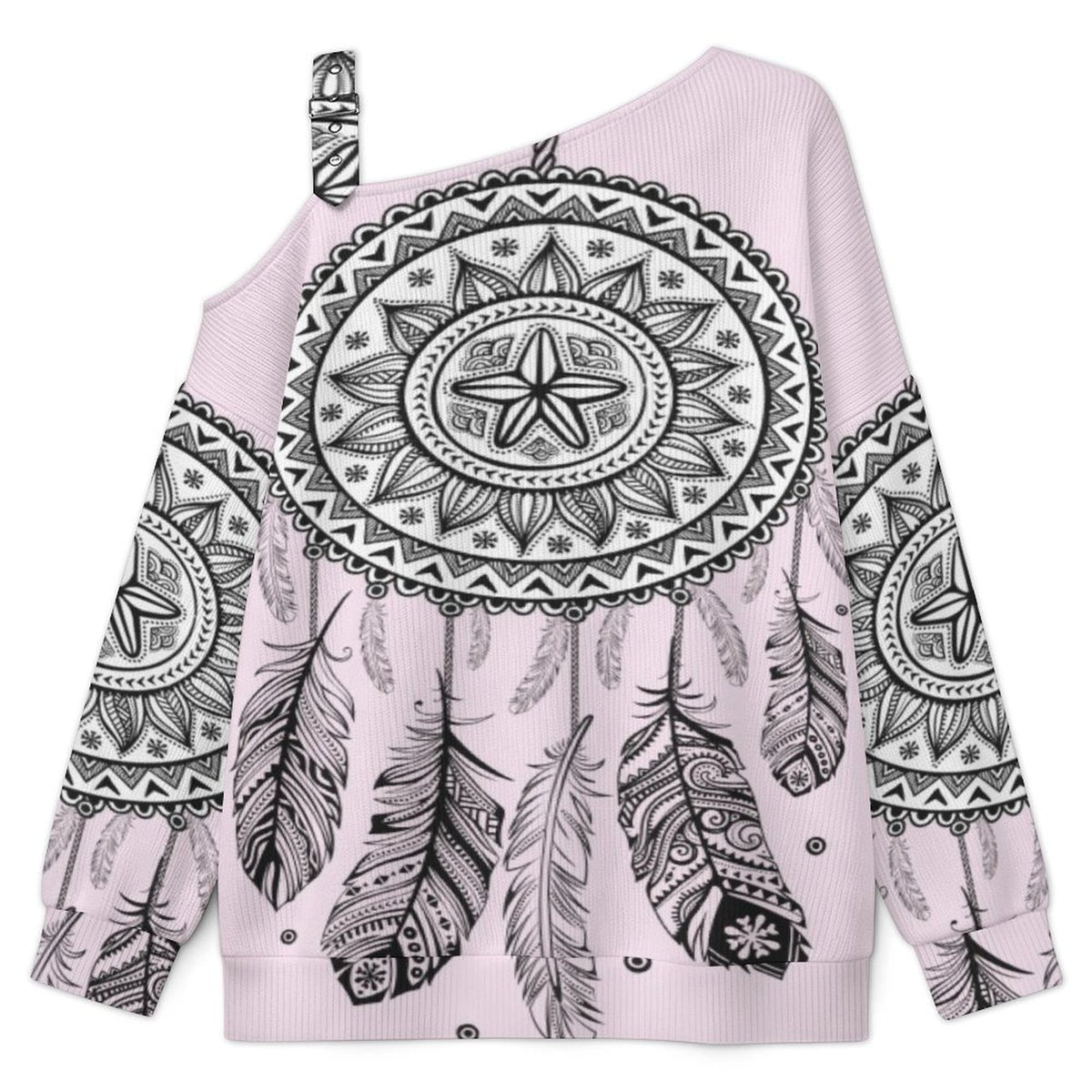 Off-the-shoulder Sweater Boho Style  Asymmetric Cold Shoulder Knit Sweater for Women, Adjustable Buckle Strap Long Sleeve Casual Slouchy Pullover