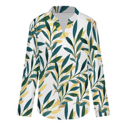 Stand-up Collar Long-sleeved Shirt Leaves, Gold, Repeating Pattern  Customization Women’s V-Neck Blouses,long Sleeve,Roll-Up Sleeve Shirt