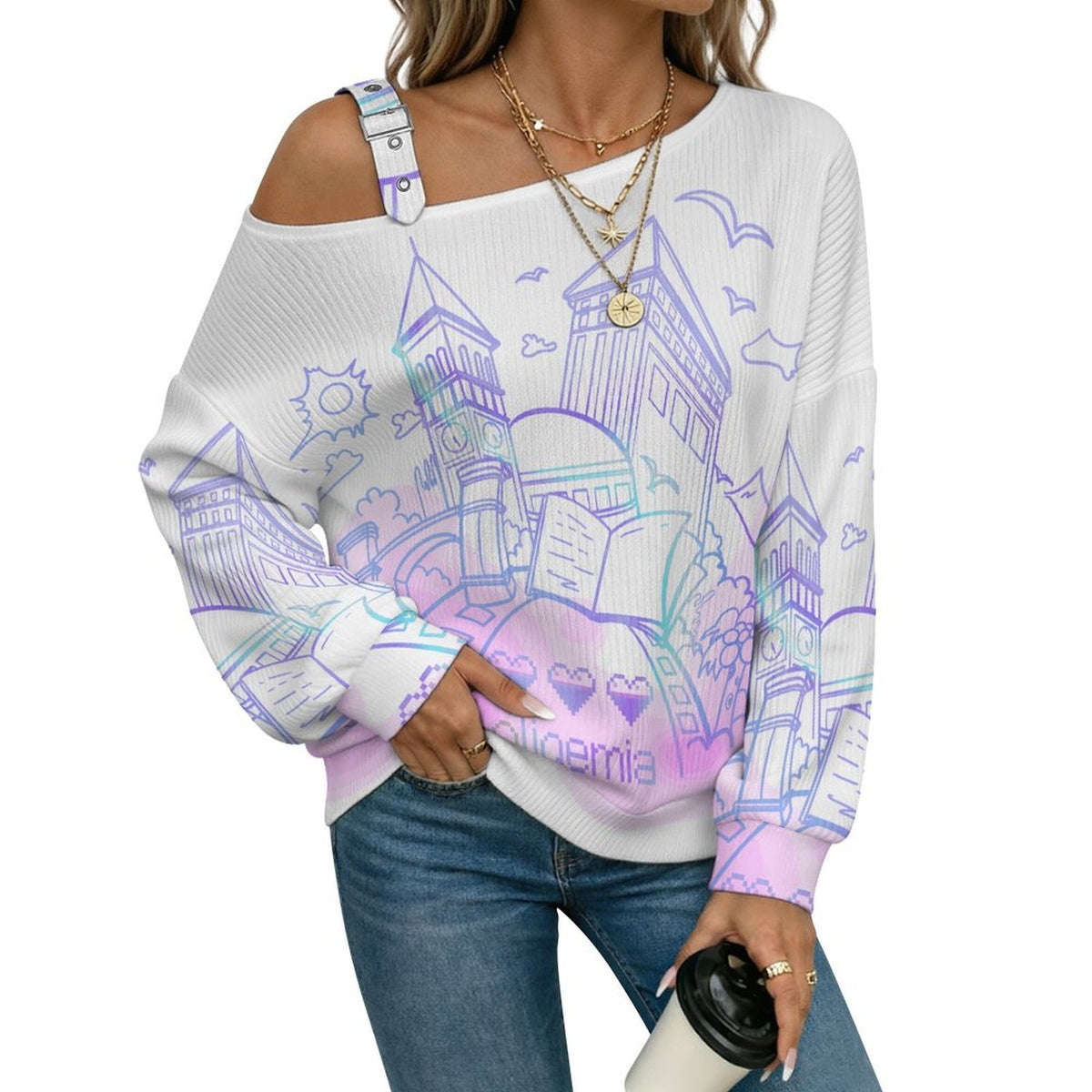 Off-the-shoulder Sweater School, Books, Love Liquid  Asymmetric Cold Shoulder Knit Sweater for Women, Adjustable Buckle Strap Long Sleeve Casual Slouchy Pullover