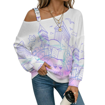 Off-the-shoulder Sweater School, Books, Love Liquid  Asymmetric Cold Shoulder Knit Sweater for Women, Adjustable Buckle Strap Long Sleeve Casual Slouchy Pullover