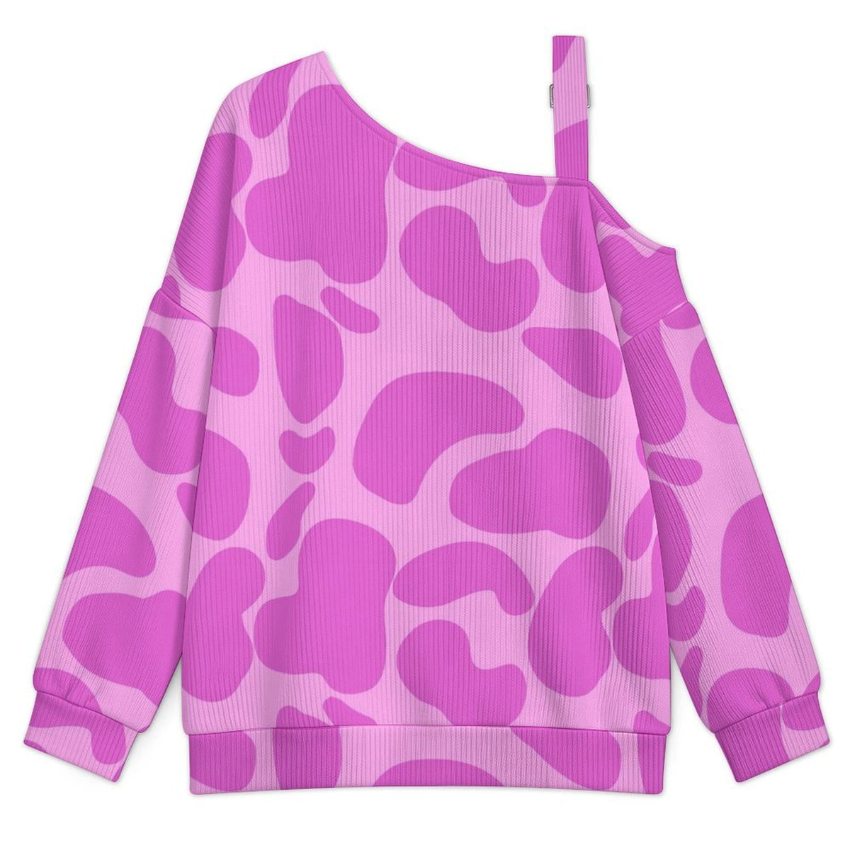 Off-the-shoulder Sweater Pattern-Cow-pink-Repeat  Asymmetric Cold Shoulder Knit Sweater for Women, Adjustable Buckle Strap Long Sleeve Casual Slouchy Pullover