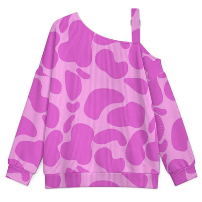 Off-the-shoulder Sweater Pattern-Cow-pink-Repeat  Asymmetric Cold Shoulder Knit Sweater for Women, Adjustable Buckle Strap Long Sleeve Casual Slouchy Pullover