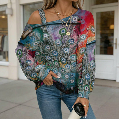 Off-the-shoulder Sweater Peacock Feather Mural  Asymmetric Cold Shoulder Knit Sweater for Women, Adjustable Buckle Strap Long Sleeve Casual Slouchy Pullover