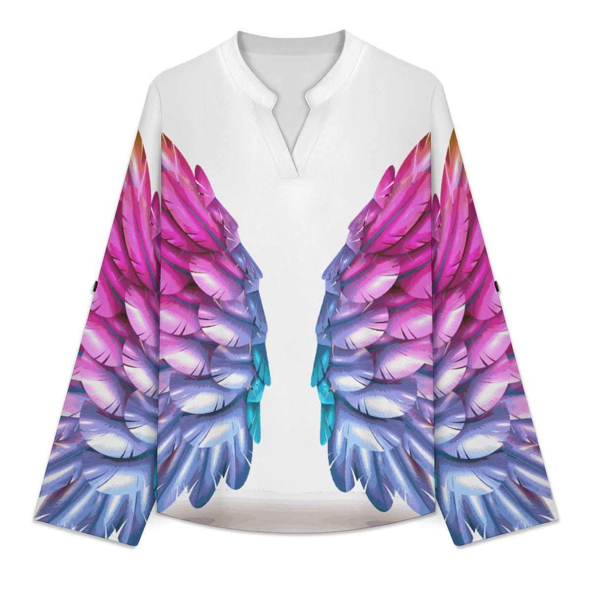 Stand-up Collar Long-sleeved Shirt Colorful Wings, Dreams  Customization Women’s V-Neck Blouses,long Sleeve,Roll-Up Sleeve Shirt