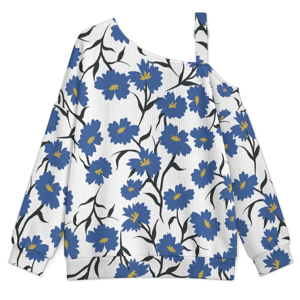Off-the-shoulder Sweater White Background, Blue Flowers  Asymmetric Cold Shoulder Knit Sweater for Women, Adjustable Buckle Strap Long Sleeve Casual Slouchy Pullover