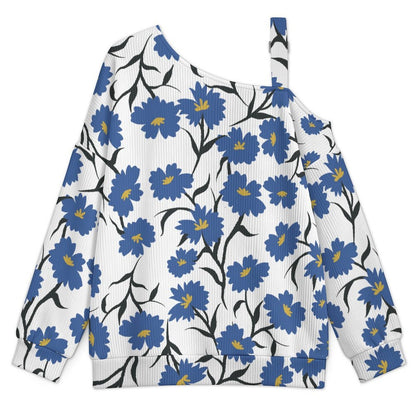Off-the-shoulder Sweater White Background, Blue Flowers  Asymmetric Cold Shoulder Knit Sweater for Women, Adjustable Buckle Strap Long Sleeve Casual Slouchy Pullover