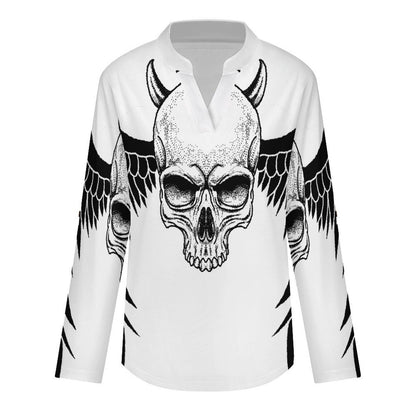 Stand-up Collar Long-sleeved Shirt Skull T-shirt  Customization Women’s V-Neck Blouses,long Sleeve,Roll-Up Sleeve Shirt