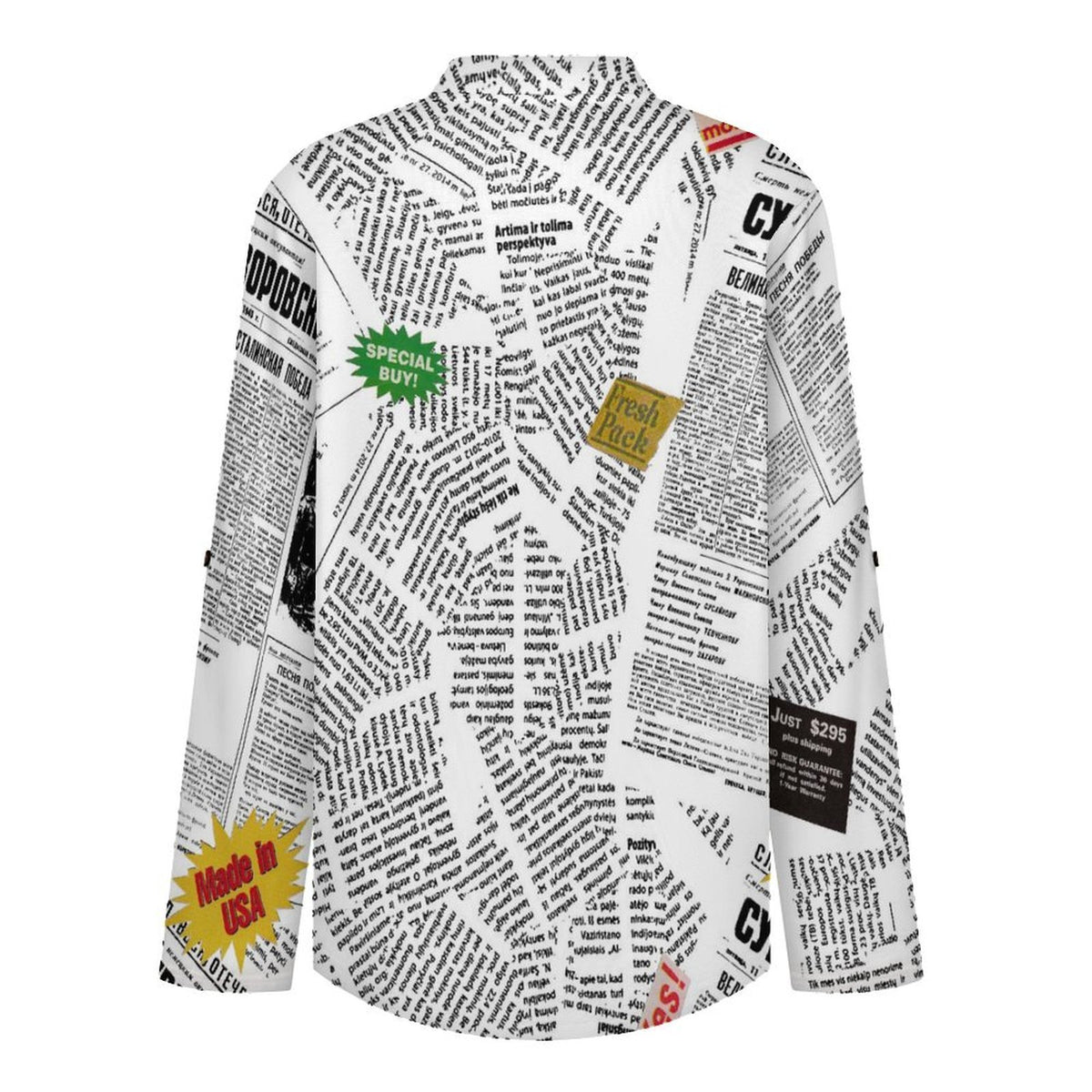 Stand-up Collar Long-sleeved Shirt Newspaper  Customization Women’s V-Neck Blouses,long Sleeve,Roll-Up Sleeve Shirt