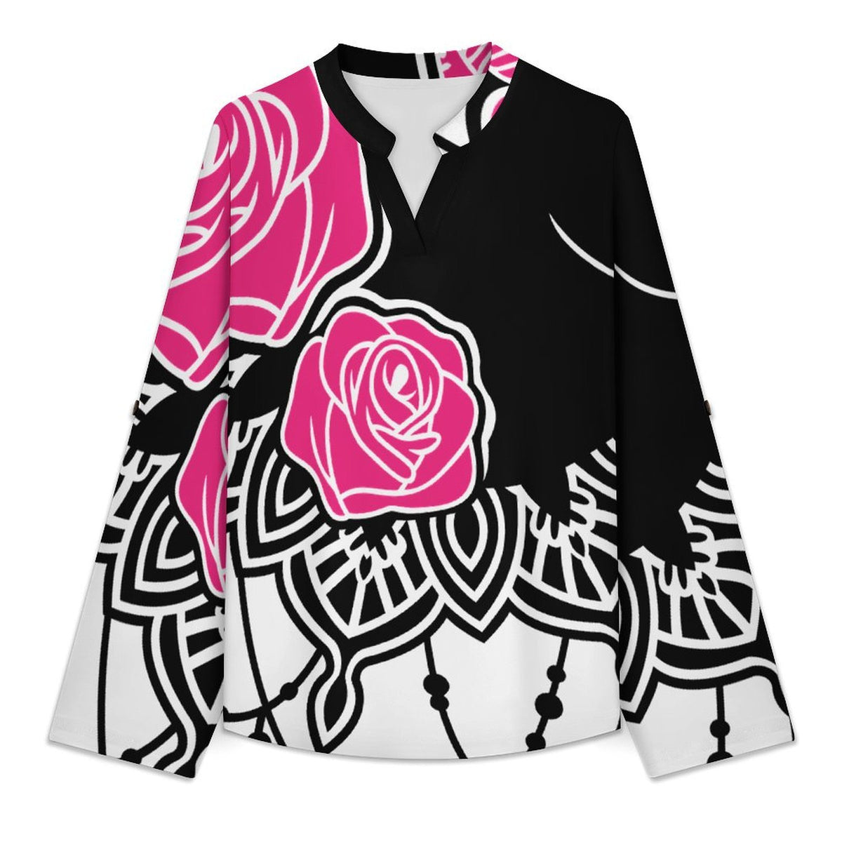 Stand-up Collar Long-sleeved Shirt Rose And Black Cat  Customization Women’s V-Neck Blouses,long Sleeve,Roll-Up Sleeve Shirt