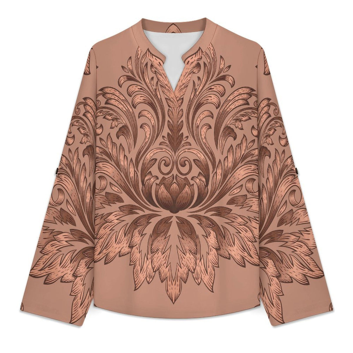 Stand-up Collar Long-sleeved Shirt Red, Retro Pattern  Customization Women’s V-Neck Blouses,long Sleeve,Roll-Up Sleeve Shirt