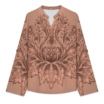 Stand-up Collar Long-sleeved Shirt Red, Retro Pattern  Customization Women’s V-Neck Blouses,long Sleeve,Roll-Up Sleeve Shirt