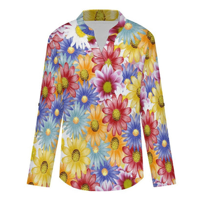 Stand-up Collar Long-sleeved Shirt Color Flowers  Customization Women’s V-Neck Blouses,long Sleeve,Roll-Up Sleeve Shirt