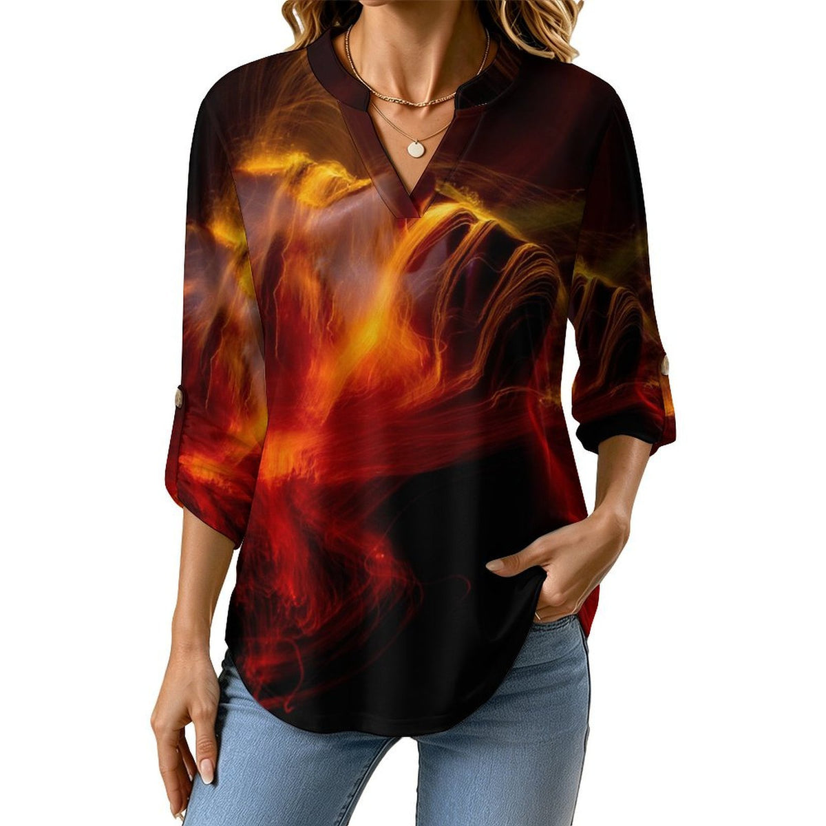 Stand-up Collar Long-sleeved Shirt Red Light  Customization Women’s V-Neck Blouses,long Sleeve,Roll-Up Sleeve Shirt