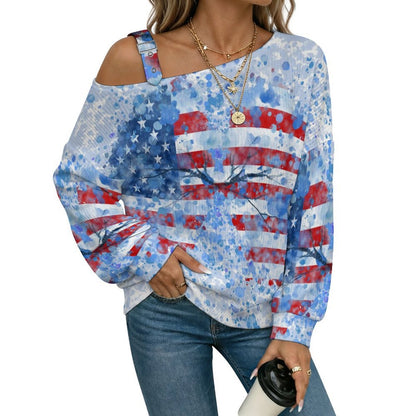 Off-the-shoulder Sweater Underwater Flag, Water Drops  Asymmetric Cold Shoulder Knit Sweater for Women, Adjustable Buckle Strap Long Sleeve Casual Slouchy Pullover