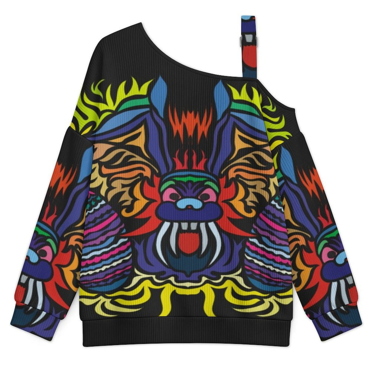 Off-the-shoulder Sweater Abstract Animal Pattern  Asymmetric Cold Shoulder Knit Sweater for Women, Adjustable Buckle Strap Long Sleeve Casual Slouchy Pullover