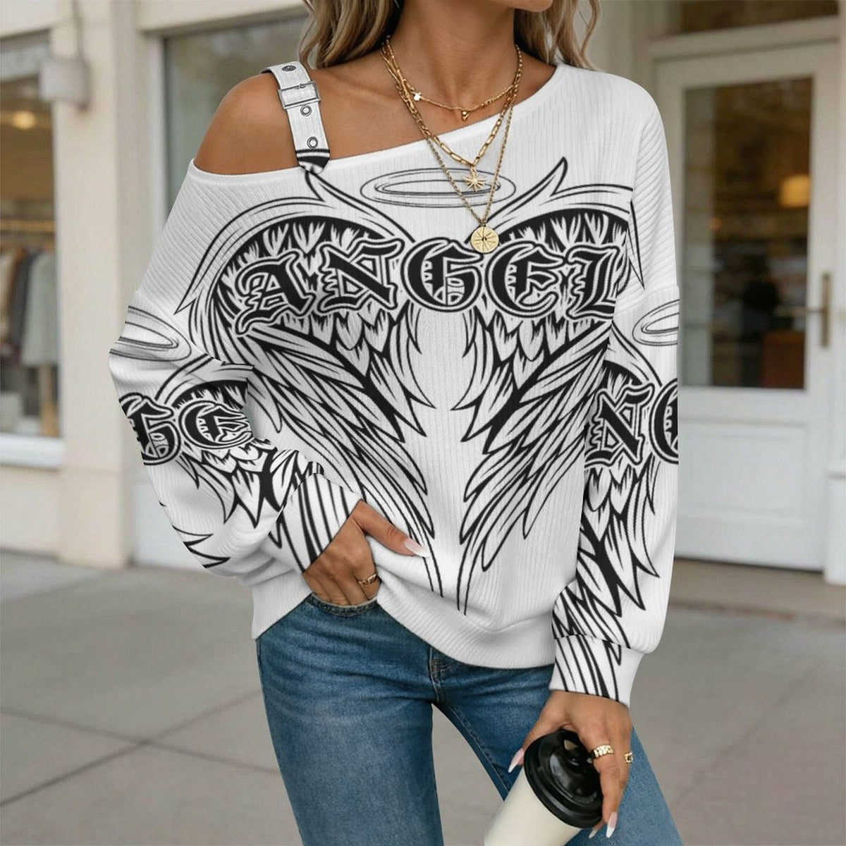 Off-the-shoulder Sweater Angle Wing  Asymmetric Cold Shoulder Knit Sweater for Women, Adjustable Buckle Strap Long Sleeve Casual Slouchy Pullover