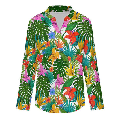 Stand-up Collar Long-sleeved Shirt Colorful Flowers And Green Leaves  Customization Women’s V-Neck Blouses,long Sleeve,Roll-Up Sleeve Shirt