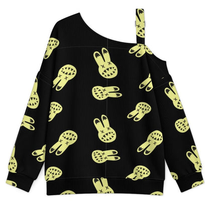 Off-the-shoulder Sweater Rabbit Background  Asymmetric Cold Shoulder Knit Sweater for Women, Adjustable Buckle Strap Long Sleeve Casual Slouchy Pullover