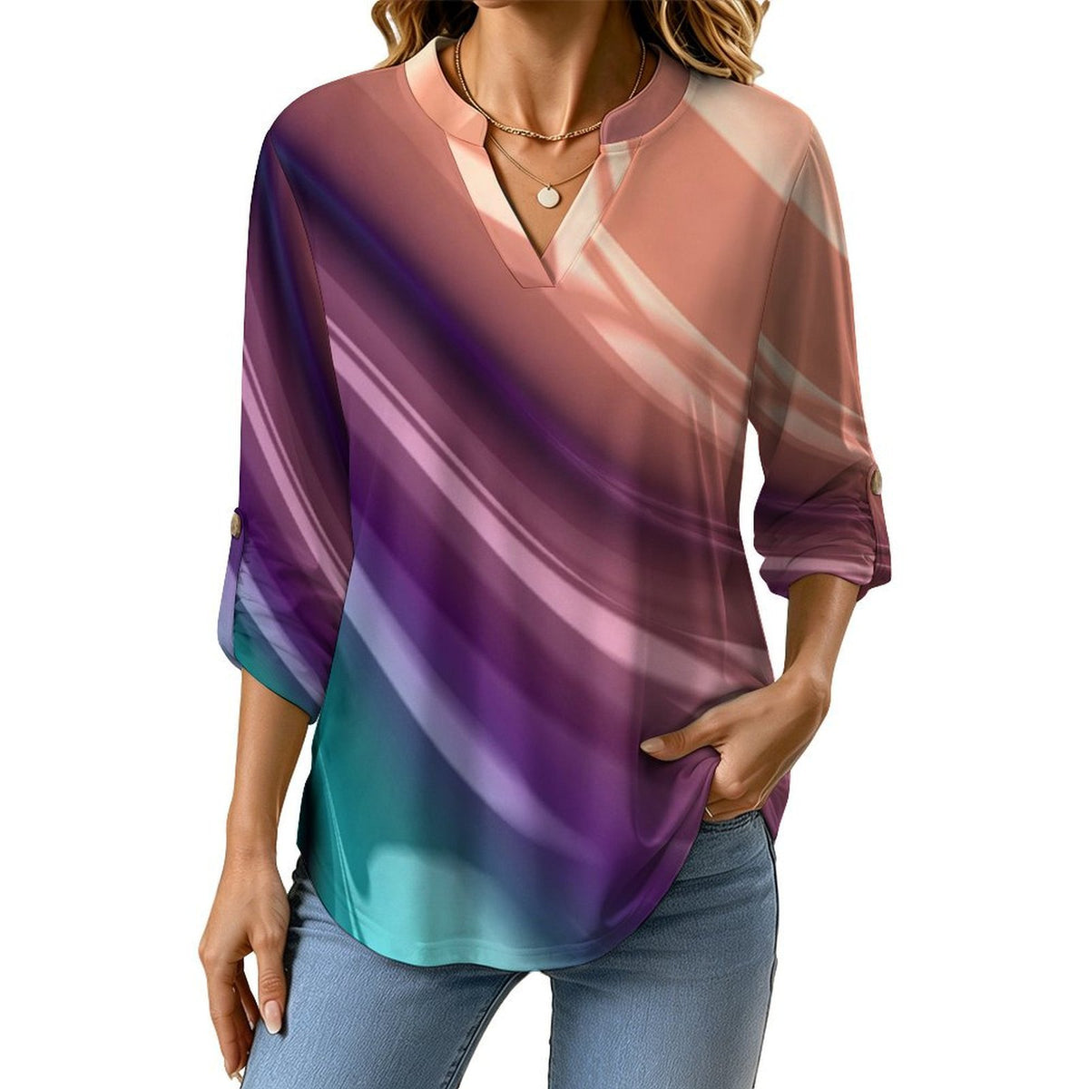 Stand-up Collar Long-sleeved Shirt Color Silk Slip Pattern  Customization Women’s V-Neck Blouses,long Sleeve,Roll-Up Sleeve Shirt