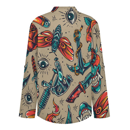 Stand-up Collar Long-sleeved Shirt Retro Patterns, Eyes, Evil  Customization Women’s V-Neck Blouses,long Sleeve,Roll-Up Sleeve Shirt